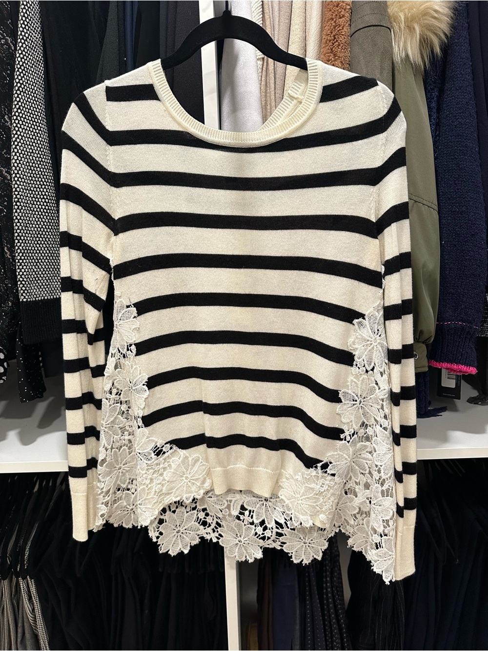 Chelsea28 Black & Cream Striped Lace-Hem Crewneck Sweater